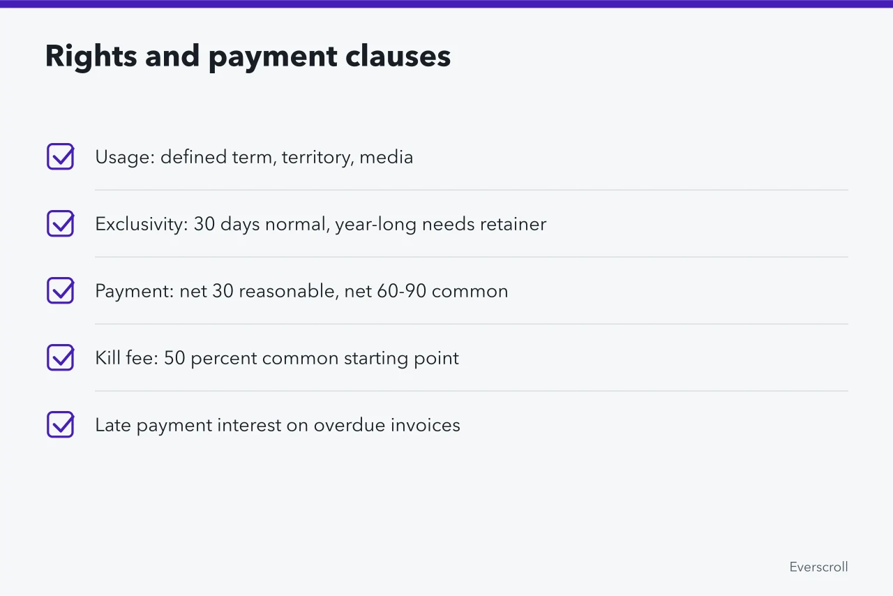 Checklist of usage rights, exclusivity and payment timing clauses (New York creator contracts and ad rates, a working overview)