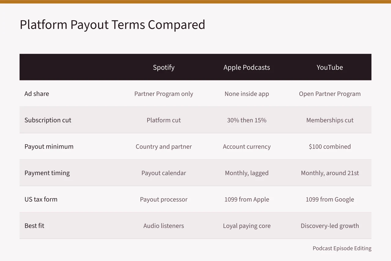 Comparison table of Spotify, Apple Podcasts, and YouTube payout terms (Seattle platform payouts compared for Spotify, Apple, and YouTube)